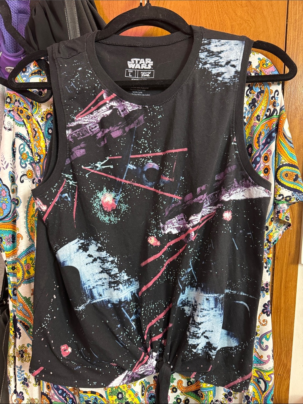 Star Wars Black Tank Top with Pink and Light Blue Space Graphic